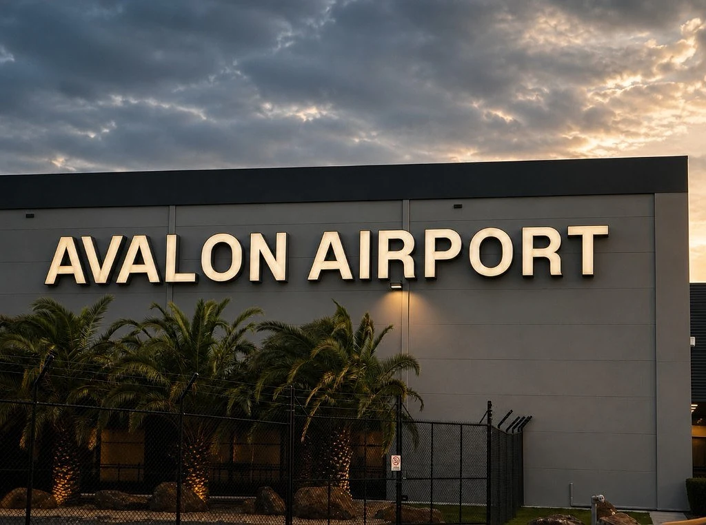Avalon Airport terminal exterior at dusk